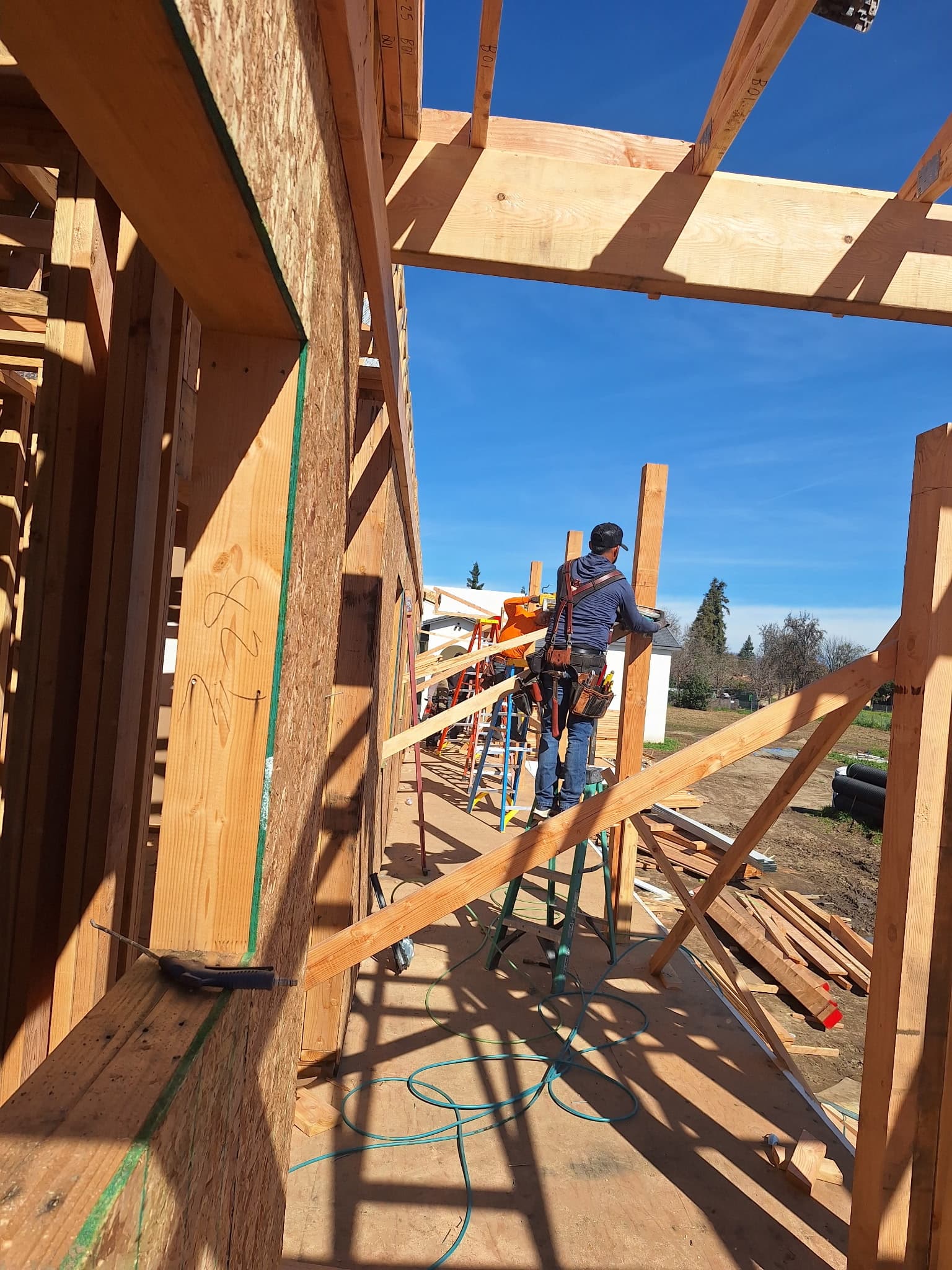 Construction workers framing a wooden house structure using ladders and tools under a clear sky.